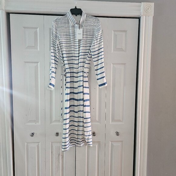 Theory Women's Blue Striped Long Sleeves Belted Silk Shirt Dress Size Small - Picture 3 of 10
